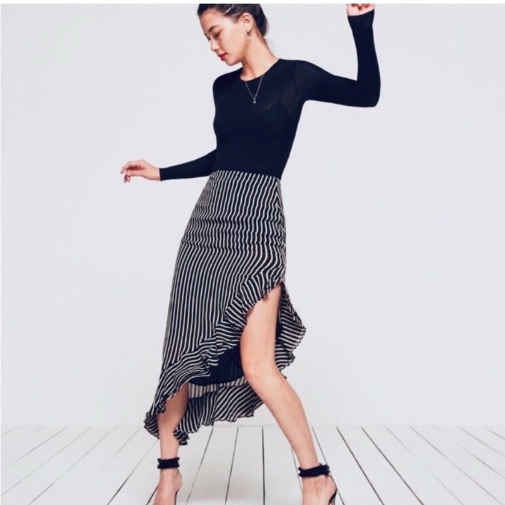 Reformation Adorn Black White Striped Asymmetrical Ruffle Midi Skirt Size 4